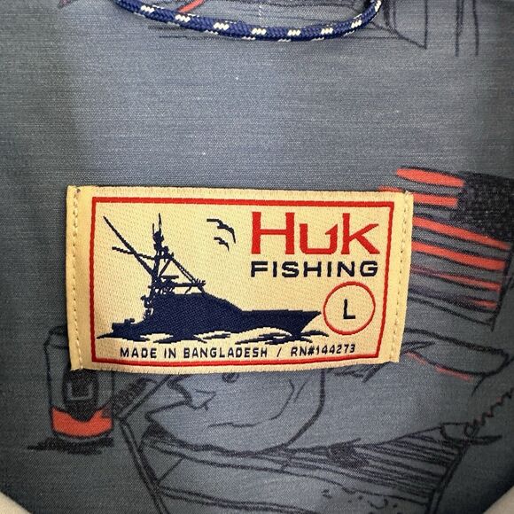 HUK Men's Fishing Shirt LARGE Short Sleeve Button Down Americookin Kona Blue - Picture 5 of 7